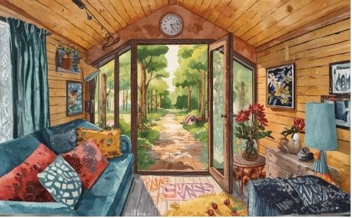 Interior of a cozy minimalist tiny house with large windows overlooking a forest, warm wood finishes and neutral textiles