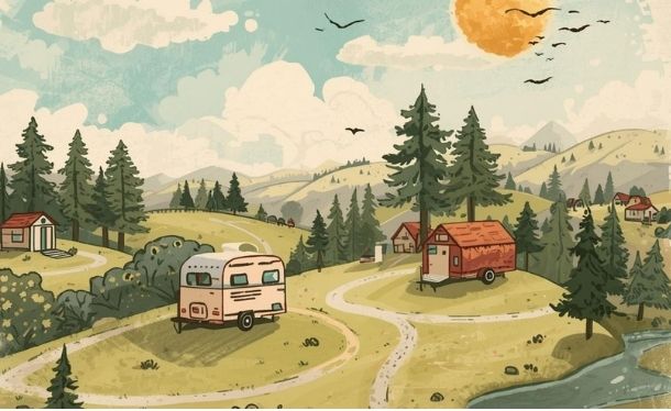 Elegant clay-colored villa with organic architecture and a stone terrace overlooking a valley at sunset