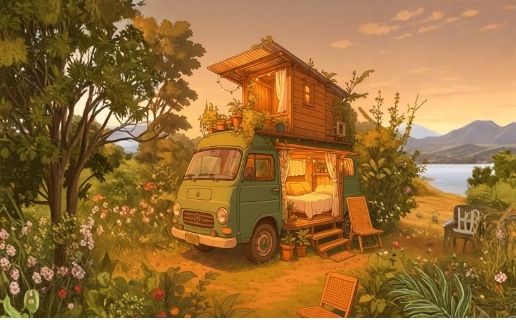 A cleared grassy plot surrounded by wild flowers and ancient trees, prepared for a eco-friendly tiny home