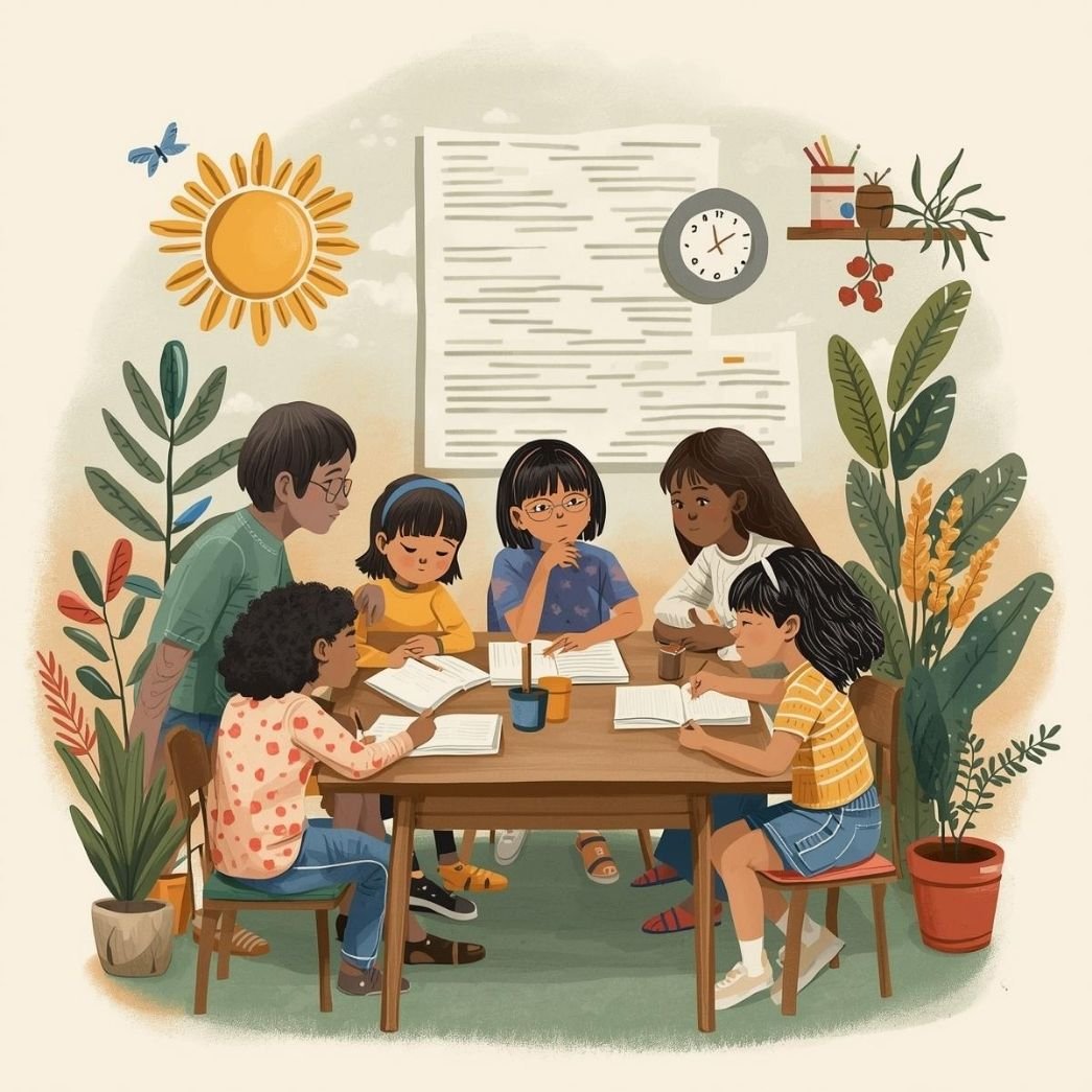Group of diverse children and parents sitting in a circle on woven rugs under a large tree, learning together